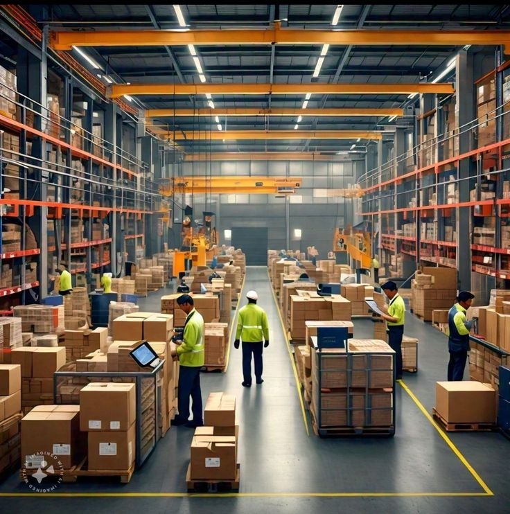 Warehouse workers coordinating industrial materials and supplies